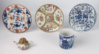 Three Chinese export porcelain plates - each approx. 21.8 cm diameter, one with painted in blue