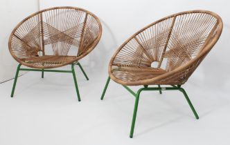 A pair of retro 1960s style Habitat Jambi chairs - the rattan seats on green painted tubular metal