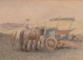 Inglis Sheldon Williams (1870-1940) 'Cotswold Hay Makers' watercolour, signed lower right, titled in