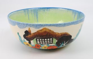 A Clarice Cliff 'Tralee' circular bowl - mid-1930s, painted with a thatched cottage and garden