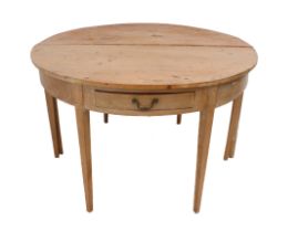 A pair of George III stripped pine and elm demi-lune tables - the pine tops over elm friezes, a