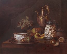 **Andreas Gyula Bubarnik (Hungarian, 1936-2010) Still life of a silver-gilt ewer, ivory and silver