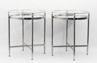 A pair of chrome and mirrored drinks tables - modern, the circular mirrored tops with raised