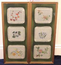 Two framed sets of three 19th century handpainted lace handkerchiefs - each painted with a different