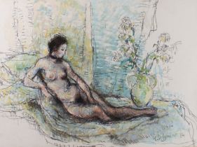 Michael d'Aguilar (1922-2011) Nude reclining mixed media, signed and dated (19) '74 13½ x 18¼ in (