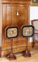 A fine pair of Regency mahogany pole screens in the Sheraton manner - the octagonal screens with