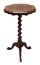 A William IV rosewood octagonal tripod table - the ogee moulded top on a barleytwist column to three