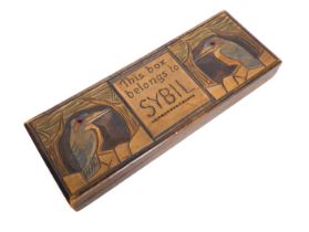 An Arts and Crafts hand-painted pen box - decorated with kingfishers and signed by Sybil Burnaby (