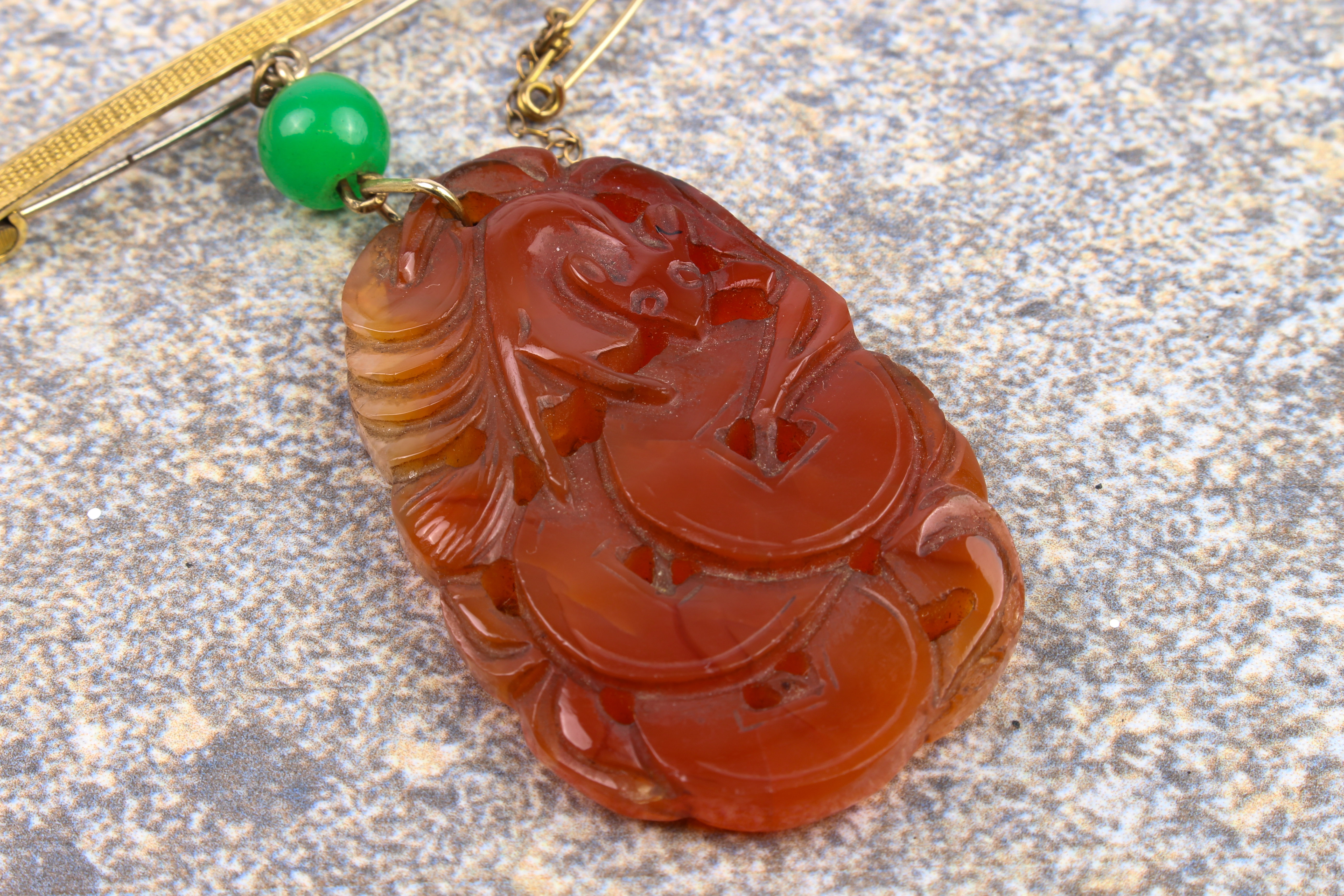 A mid-century Chinese carved jade plaque on bar brooch - the ovoid, russet jade plaque pierced and - Image 2 of 13