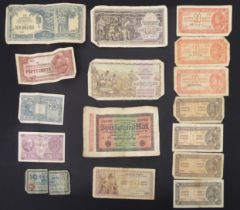 Fifteen pre-1950 banknotes: Japanese Government (1942-1945) - $10 and 50 cents Yugoslavia Rep.  -