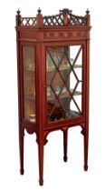 An Edwardian mahogany and marquetry display cabinet - the fretwork lattice gallery top with husk