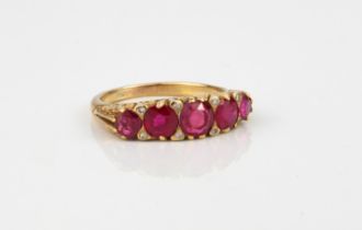 An 18ct yellow gold, ruby and diamond Victorian style ring - not marked, tests as 18ct gold, the