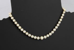 A graduated cultured pearl single strand necklace with 9ct white gold and diamond clasp - mid-