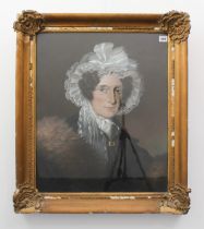 English School (mid-19th century) Portrait of a lady, in a black coat with fur trimmed shawl and