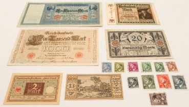 Six Reichsbanknotes (first quarter 20th century) and eleven 1942 Protektorat Böhmen und Mähren