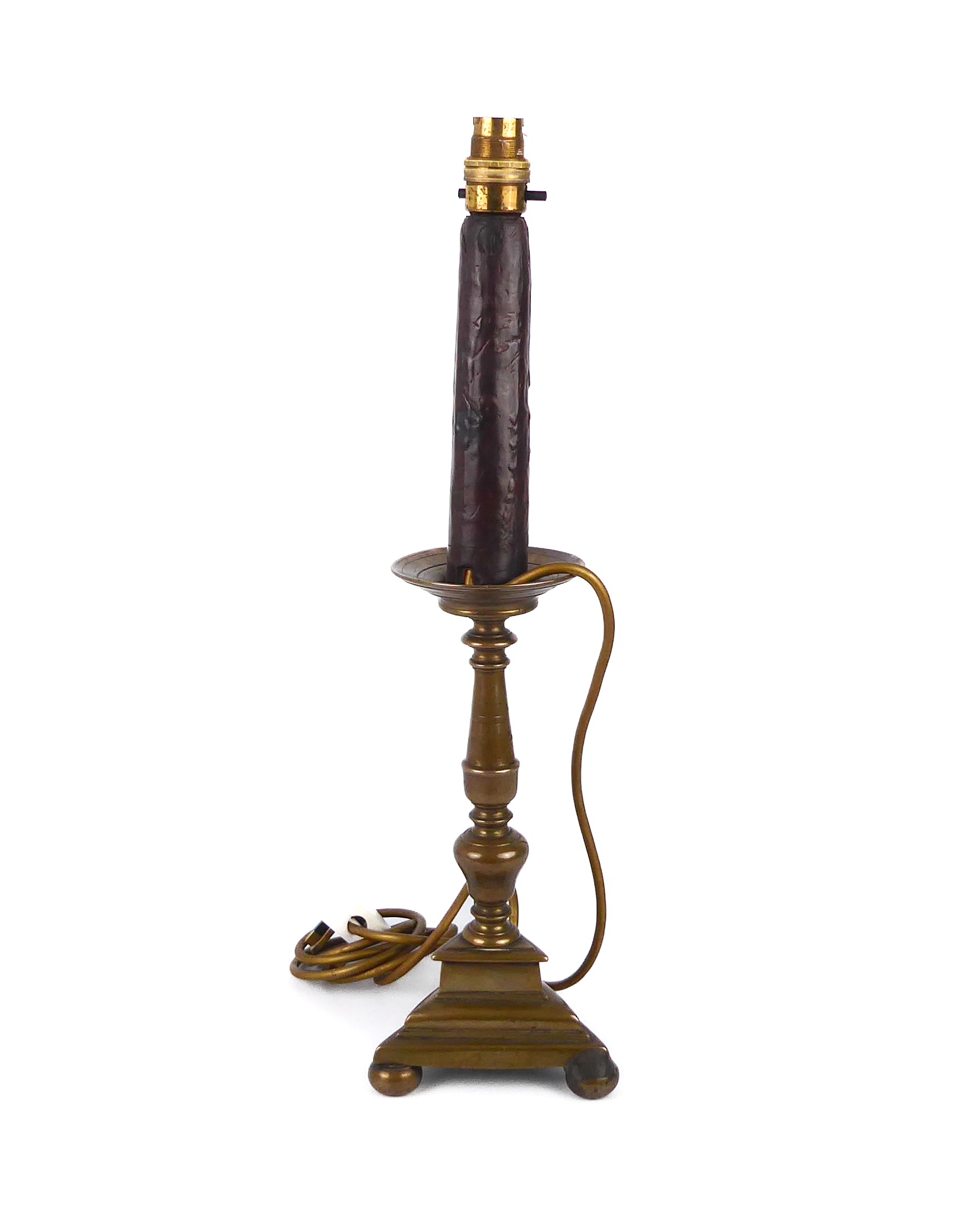 A late-18th century brass tripod candlestick adapted as a table lamp, the trainagular base marked - Image 2 of 4