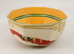 A Clarice Cliff 'Solitude' octagonal bowl - 1930s, painted with orange trees and red arches below
