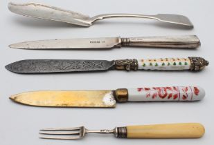 Two porcelain handled knives, a silver fruit knife, a silver butter knife (John Stone, Exeter