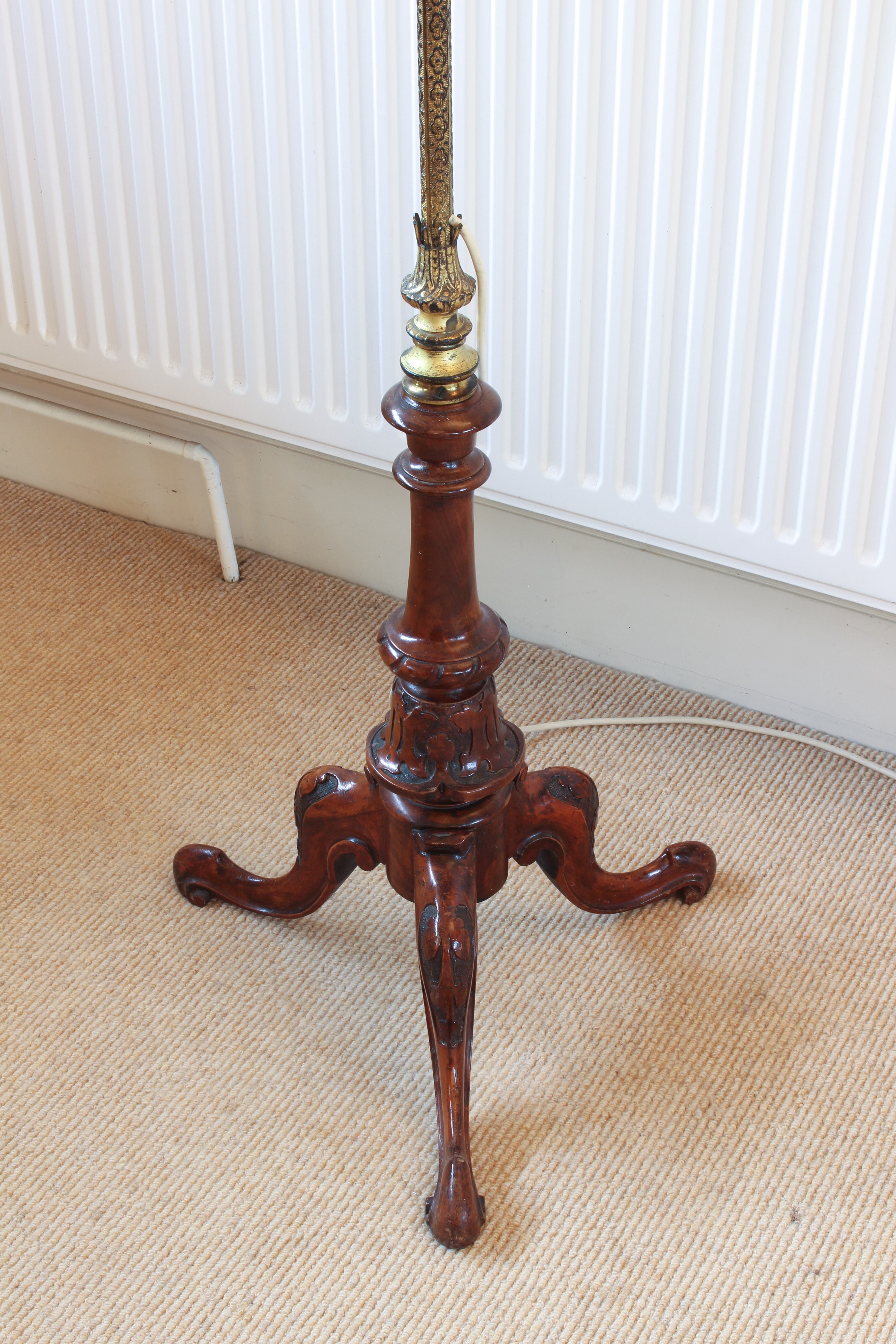 A gilt brass and turned walnut standard lamp - converted from a pole screen in the mid-20th century, - Image 2 of 2
