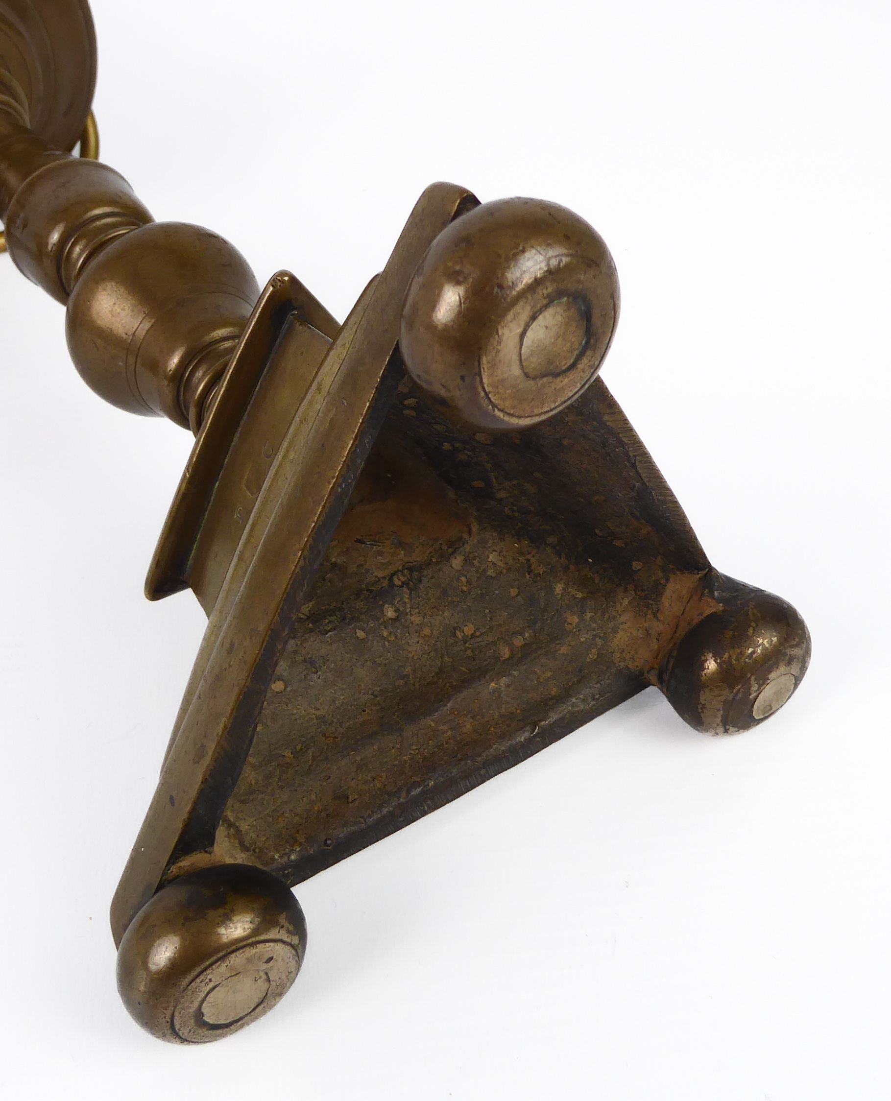 A late-18th century brass tripod candlestick adapted as a table lamp, the trainagular base marked - Image 4 of 4