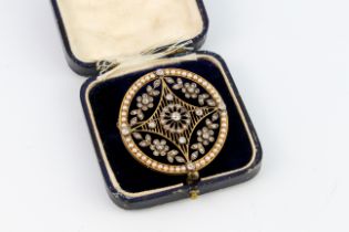 A fine Edwardian Belle Epoque 18ct gold, silver, seed pearl and diamond target brooch - unmarked but