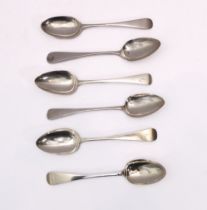 Six 19th century Old English pattern table spoons - various makers and dates, five with London