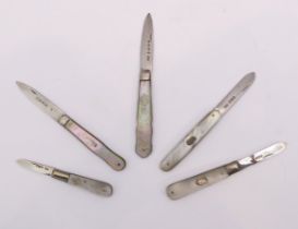 Five silver and mother-of-pearl folding fruit knives - two Victorian (Sheffield 1850 and