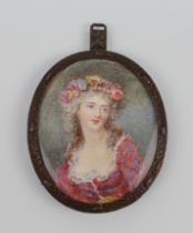 A French oval watercolour portrait miniature by M.E. Hawkley of  'Ophelia' - early 20th century, 7.5