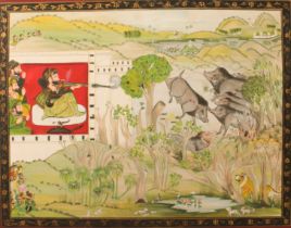 An Indian gouache painting of a Rajput nobleman shooting wild boar from a hunting palace -