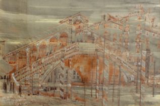 John Talbot Hicks (1926-1991)  The Rialto Bridge, Venice mixed media, indistinctly signed and