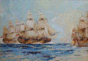 **Leslie Arthur Wilcox RI RSMA Ships of the line in full sail watercolour and gouache, signed 20 x