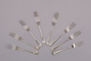 Eight silver Old English pattern dessert forks - including a set of four by P. Ashberry & Sons,