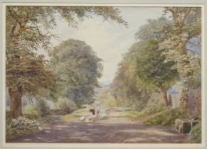 Alice E. De Maine (British, 19th century) Cattle and sheep on a country road watercolour, signed and