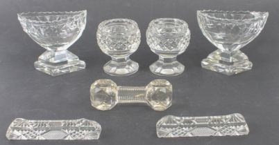 Two pairs of cut-glass salts (7 and 8.5 cm high), a pair of cut-glass knife rests and a single knife