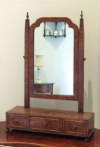 A George I style walnut box base toilet mirror - c.1900, the arched mirror on square tapered