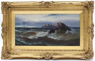 Charles W. Oswald (British, late 19th / early 20th century) Rocks off the coast in stormy seas oil