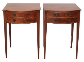 A pair of Edwardian bowfronted mahogany bedside tables - with two boxwood strung drawers with