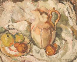 A * Mackay (Modern Scottish School) Still life with fruit and a jug oil on board, signed 16 x 20