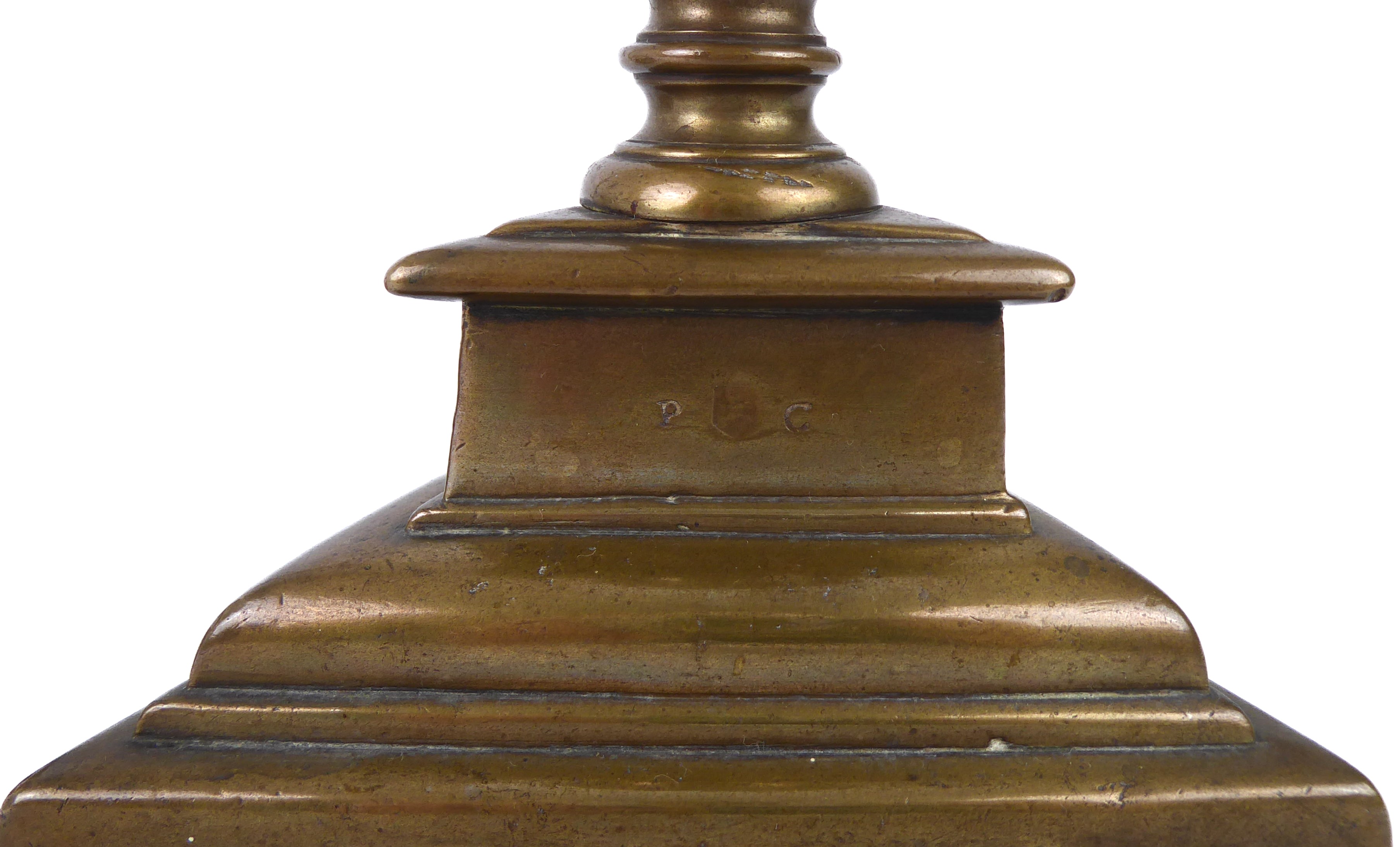 A late-18th century brass tripod candlestick adapted as a table lamp, the trainagular base marked - Image 3 of 4