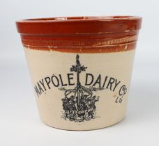 A vintage stoneware five-pint dairy cream-jug with Maypole Dairy Co. Ltd. lettering and motif