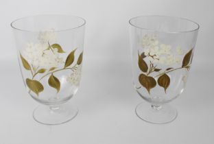 A pair of hand-painted glass pedestal vases - second half 20th century, the round funnel bowls