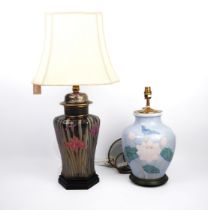 Two decorative Oriental style porcelain vase lamps - late 20th century, one of hexagonal baluster