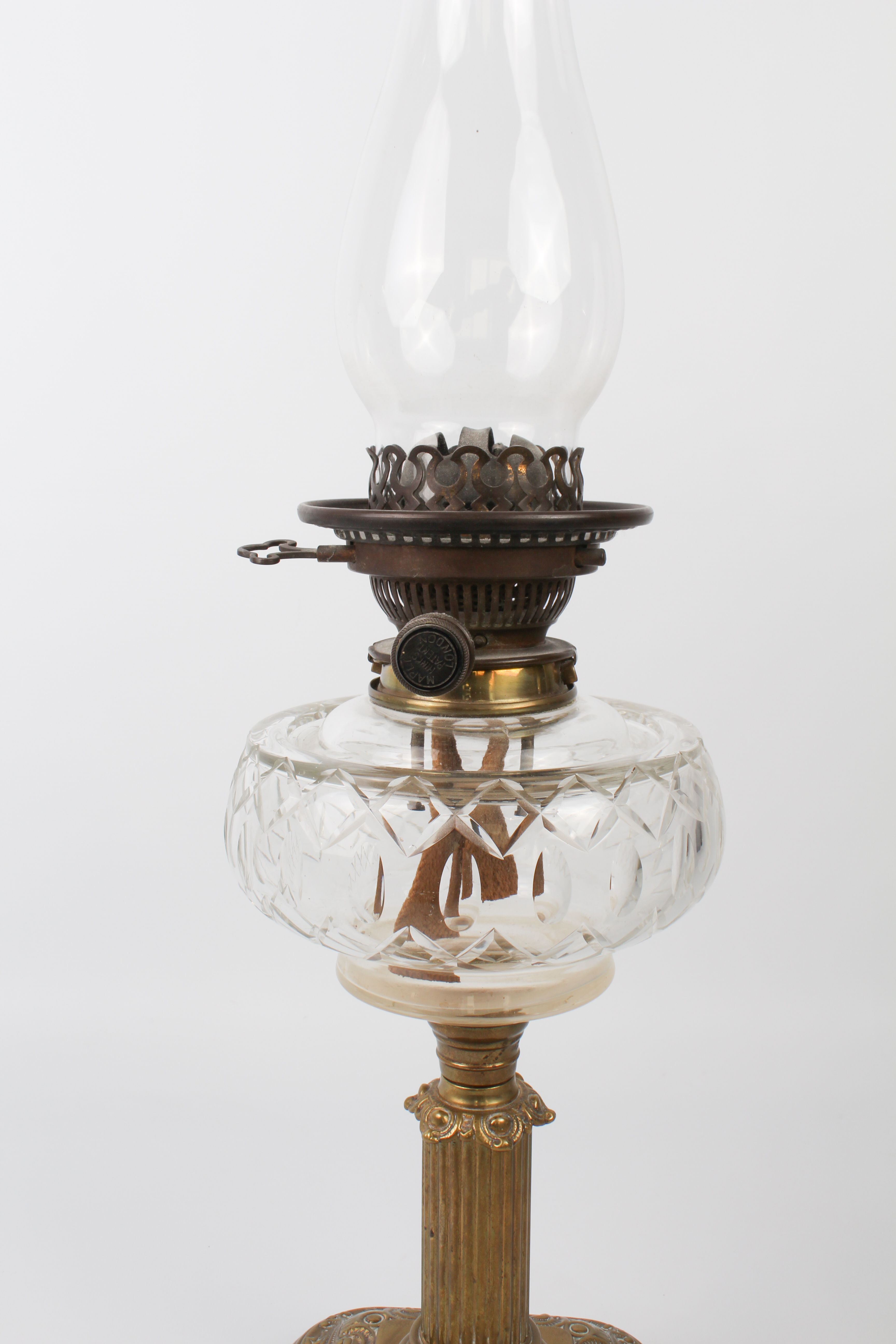 An Edwardian brass and cut glass oil lamp by Hinks & Sons for Maple of London, the rounded square - Image 4 of 4