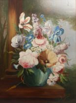 Jan (Dutch, 20th century) Still life of spring flowers in a green vase on a stone table oil on