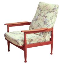 A 1960s Guy Rogers Manhattan teak open armchair - the swept rectangular back over shaped arms and