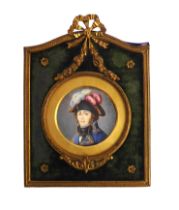 A French watercolour portrait miniature of a naval officer in a gilt and green velvet frame, early