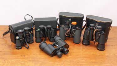 Nine pairs of vintage binoculars - all cased, including examples by Tasco, Swift, Scope, Microtec,