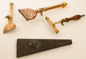 Four antique horse mane singeing tools - one spirit-fired, in copper and brass by T. E. Bladon & Son