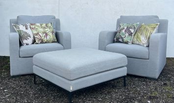 Maze Living outdoor chairs x 2, upholstered in light grey, together with matching outdoor pouffe