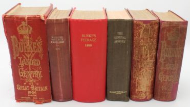 Burke's Peerage, Gentry and Armory, six volumes comprising: 'Peerage 1880' (rebound, without pages